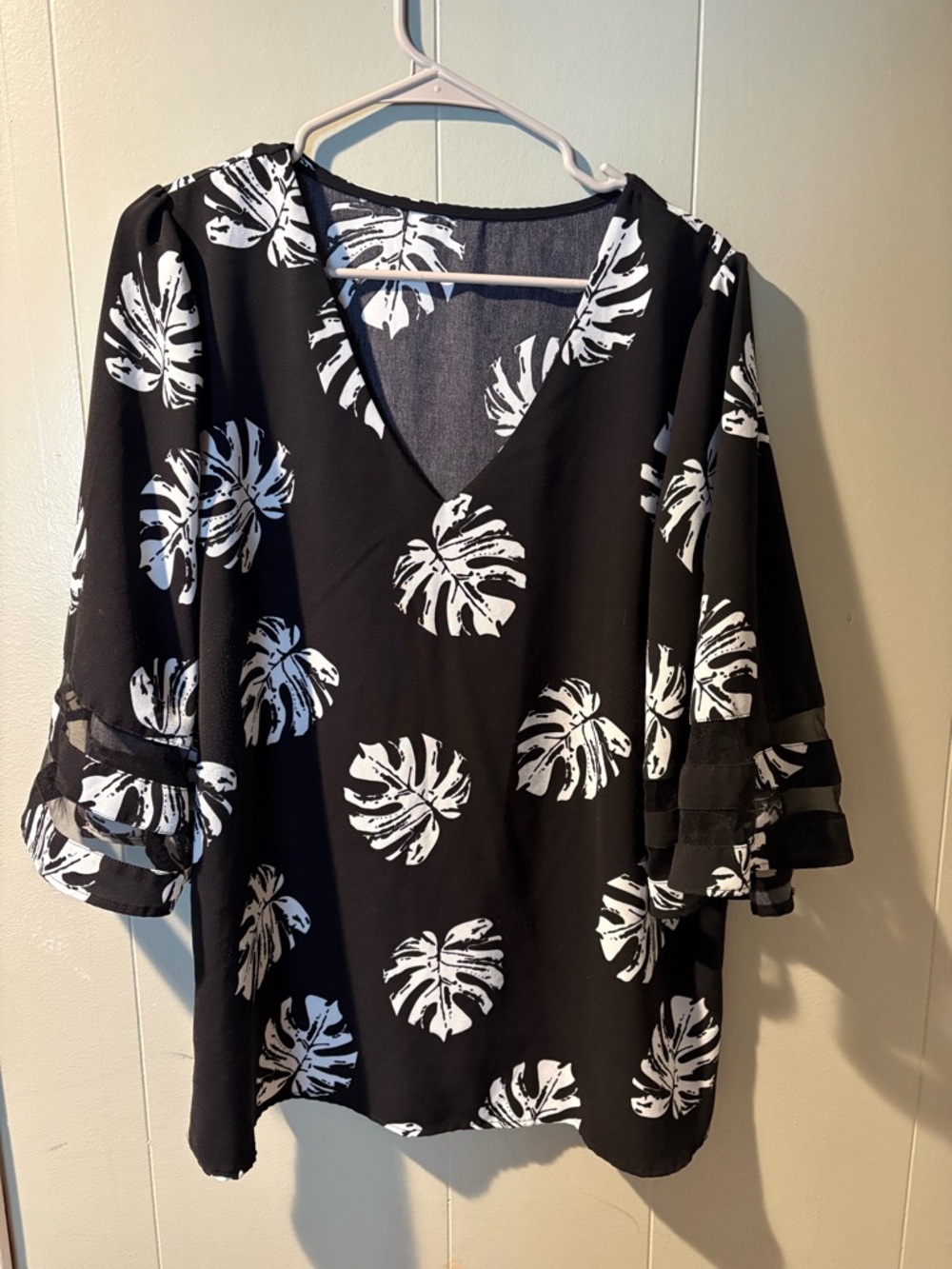 Source Unknown Black Blouse with White Tropical Leaf Print